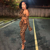 Leopard Print Slanted One Shoulder Irregular Buttock Trousers Pants Two Piece Pants Set