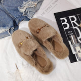 Winter metal buckle mules shoes women large flat outdoor mink fluffy faux fur slippers for ladies