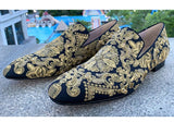 Gold Handmade Embroidered Shoes Man Round Toe Flower Flats Loafer Shoes Mail Slip On Luxury Wedding Shoes Men