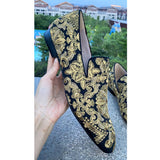 Gold Handmade Embroidered Shoes Man Round Toe Flower Flats Loafer Shoes Mail Slip On Luxury Wedding Shoes Men