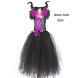 Kids Evil Queen Girls Halloween Fancy Tutu Dress Costume with Horn Wing Children Christening Dress Up Black Gown Villain Clothes