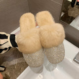 Big Size Slippers Female Ladies Designer Shoes Women Luxury 2022 Rhinestone Fur Crystal Slides Mules Slippers Flats Lady Shoes