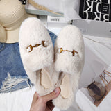 Winter metal buckle mules shoes women large flat outdoor mink fluffy faux fur slippers for ladies