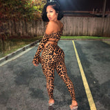 Leopard Print Slanted One Shoulder Irregular Buttock Trousers Pants Two Piece Pants Set