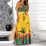 Fashion Women Off Shoulder Maxi Dress Party Wear Vacation Holiday Tropical Print Long Dress