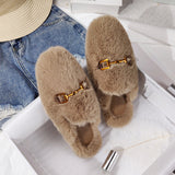 Winter metal buckle mules shoes women large flat outdoor mink fluffy faux fur slippers for ladies