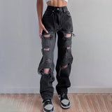 Brown Ripped Vintage Woman&#39;s Distressed Jeans Streetwear Hole Hip Hop High Waist Pants Fashion Straight Denim Trousers Ladies