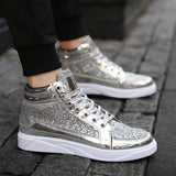 New Fashion Gold Shoes Men Casual Shoes High-top Night Club Sneaker Male Lace-up Sequins Rock Shoes zapatos hombre