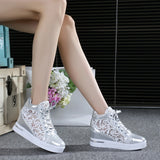 Summer Women Lace Casual Shoes Woman Breathable Mesh Sneakers Flats Lace Loafers High Heels Platform Wedges Ladies Creepers