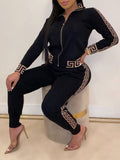 2022 Tracksuits Women Elegant Two-Pieces Suit Sets Female Stylish Plus Size Greek Fret Print Coat & Pant Zip Sets Joggers Women