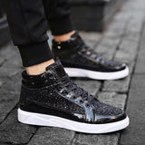 New Fashion Gold Shoes Men Casual Shoes High-top Night Club Sneaker Male Lace-up Sequins Rock Shoes zapatos hombre