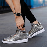 New Fashion Gold Shoes Men Casual Shoes High-top Night Club Sneaker Male Lace-up Sequins Rock Shoes zapatos hombre