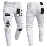 Men&#39;s Painted Skinny Slim Fit Straight Ripped Distressed Pleated Knee Patch Denim Pants Stretch Jeans