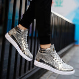 New Fashion Gold Shoes Men Casual Shoes High-top Night Club Sneaker Male Lace-up Sequins Rock Shoes zapatos hombre