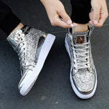 New Fashion Gold Shoes Men Casual Shoes High-top Night Club Sneaker Male Lace-up Sequins Rock Shoes zapatos hombre