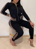 2022 Tracksuits Women Elegant Two-Pieces Suit Sets Female Stylish Plus Size Greek Fret Print Coat & Pant Zip Sets Joggers Women