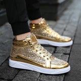 New Fashion Gold Shoes Men Casual Shoes High-top Night Club Sneaker Male Lace-up Sequins Rock Shoes zapatos hombre