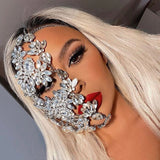 Stonefans Fashion Halloween Half Face Mask Rhinestone Jewelry for Women Bling Silver Color Leaf Facemask Crystal Dance Jewelry