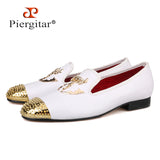 Piergitar  New white colors men leather shoes with Gold toe metal party and wedding men loafers men, dress shoes plus size