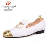 Piergitar  New white colors men leather shoes with Gold toe metal party and wedding men loafers men, dress shoes plus size