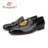 Piergitar New black patent leather men loafers with gold luxurious embroidery Fashion party and wedding men's dress shoes