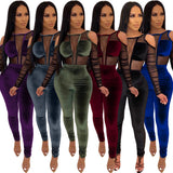 Women Velvet Mesh Bodycon Jumpsuit