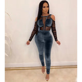 Women Velvet Mesh Bodycon Jumpsuit