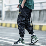 Harajuku jogger Hip hop Ribbon paratrooper Men's clothes multi-pocket loose cargo pants tide foot overalls tide Street dress