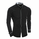 Men Stand Collar Shirt Long Sleeve Turn Down Collar Slim Pure Colors Solid Fit Business Shirts Male