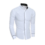 Men Stand Collar Shirt Long Sleeve Turn Down Collar Slim Pure Colors Solid Fit Business Shirts Male